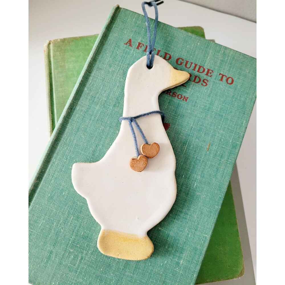Vintage Goose Pottery Ceramic Hanging Ornament Clay Hearts Blue Cord